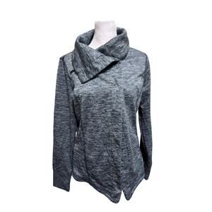 Eddie Bauer Cowl Neck Asymmetrical Jacket Size Medium Blue Knit Snap Up Pockets